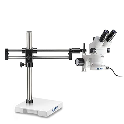 KERN Optics Stereomikroskop-Set mit Grobtriebsknopf Einstellbares Drehmoment der Handräder, Kugelgelagerter Doppelteleskoparm mit Platte, Trinokular Tubus, 0.7x - 4.5x Objektiv, 4.5W-LED-Ringlicht, UK von Kern