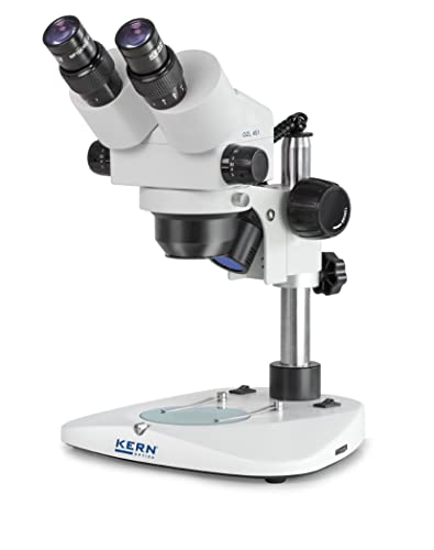 Stereo-Zoom Mikroskop [Kern OZL 451] Das Smarte für Labor, Ausbildungsstätte, Qualitätskontrolle und Landwirtschaft, Tubus: Binokular, Okular: HSWF 10x Ø23 mm, Sehfeld: Ø33 - 5 mm, Objektiv: 0,75x - 5,0x, Ständer: Säule, Beleuchtung: 12V / 10W Halogen (Auflicht) / 12V / 10W Halogen (Durchlicht) von Kern