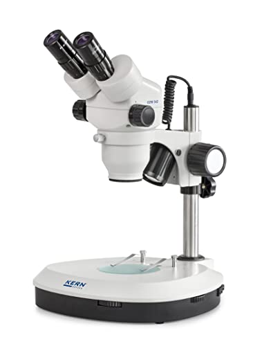 Stereo-Zoom Mikroskop [Kern OZM 542] Das Hochwertige für routinierte Anwender, Tubus: Binokular, Okular: HSWF 10x Ø23 mm, Sehfeld: Ø32,8 - 5,1 mm, Objektiv: 0,7x - 4,5x, Ständer: Säule, Beleuchtung: 3W LED (Auflicht); 3W LED (Durchlicht) von Kern