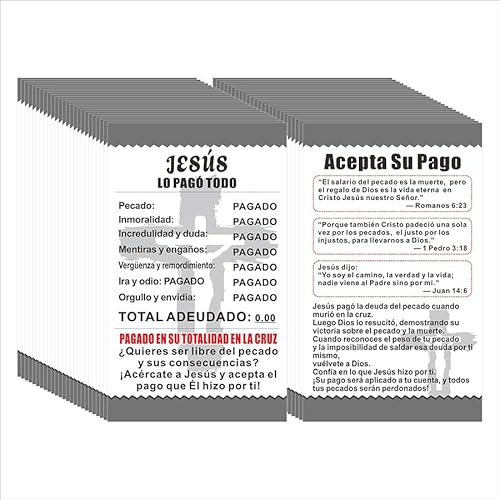Kerosly 200 Stück "Jesus Paid It All" Spanische Gospel Traktkarten - doppelseitige christliche Evangelisationskarten mit Sündenquittung, Bibelvers Postkarten für Glaubensaustausch und Kerosly 200 Stück "Jesus Paid It All" Spanische Gospel Traktkarten - doppelseitige christliche Evangelisationskarten mit Sündenquittung, Bibelvers Postkarten für Glaubensaustausch und von Kerosly