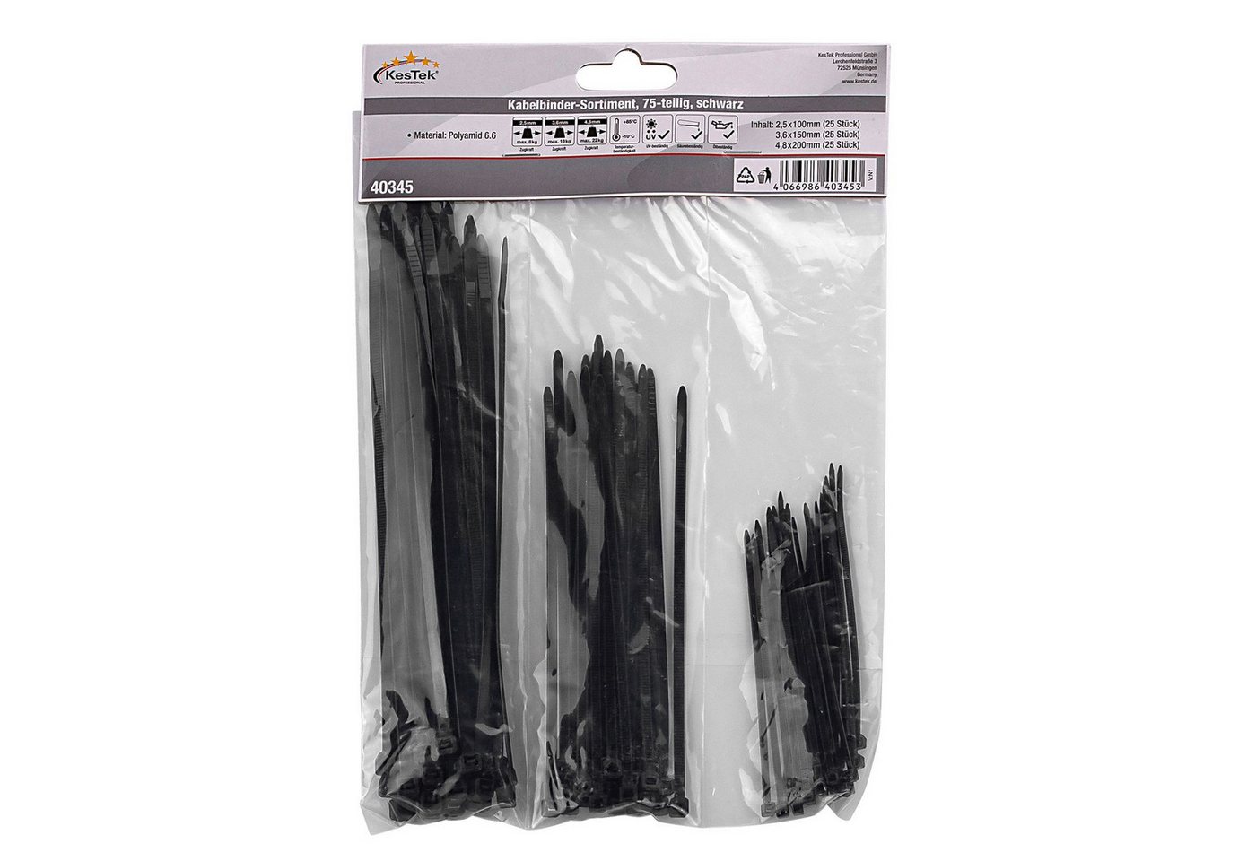 KesTek Kabelbinder Kabelbinder Sortiment 75 tlg. schwarz (75-St) von KesTek