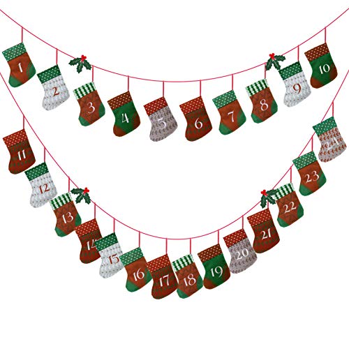 Kesote Adventskalender zum Befüllen 24 Aufhängen Weihnachtskalender Kette Filz Säckchen mit Kunstlich Stechpalme Kinder Weihnachten Deko Strumpf (15 x 10 cm) von Kesote