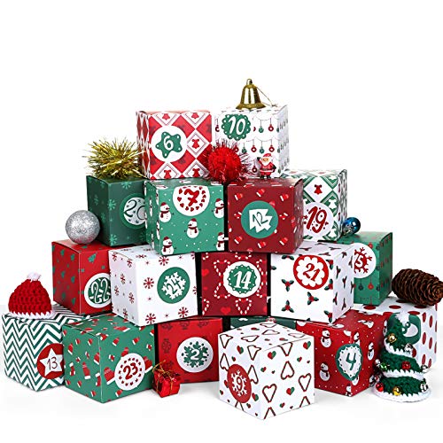 Kesote Adventskalender zum Befüllen Schachteln 24 Boxen Weihnachten Kisten Geschenkboxen Rot Grün Karton mit 24 Zahlenaufkleber zum Basteln und Aufstellen Weihnachten Deko von Kesote