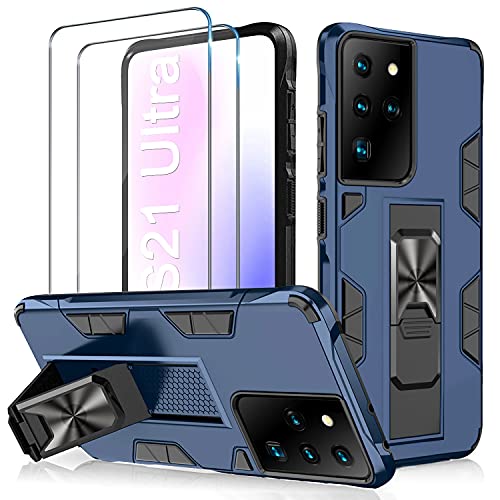 KETEEN für Samsung Galaxy S21 Ultra Hülle +2 Stücke Panzerglasfolie mit Magnetische Horizontalem Standfuß Doppelte Schutz Hart PC Schuthülle Militärischer Handyhülle für Samsung Galaxy S21 Ultra, Blau von Keteen