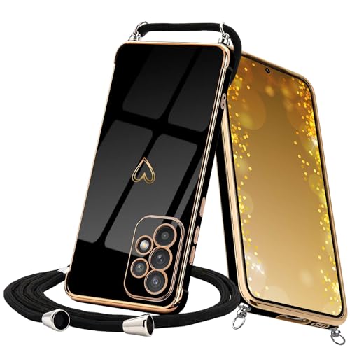 Keteen Handykette Hülle für Samsung Galaxy A52 / A52S 5G Handyhülle mit Band Cute Herz Muster Galvanisierte Silikon mit Abnehmbar Kordel Stossfest Cover Necklace Handyhülle für Samsung A52S 5G-Schwarz von Keteen