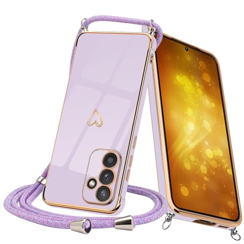 Keteen Handykette Hülle für Samsung Galaxy A54 5G Handyhülle mit Band Cute Herz Muster Galvanisierte Slim Silikon mit Abnehmbar Kordel Stossfest Cover Necklace Handyhülle für Samsung A54 5G, Violett von Keteen