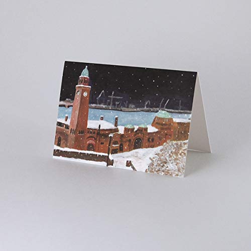 Hamburger Weihnachtskarte: Landungsbrücken im Schnee (Zeichnung von Richard Schöb), Klappkarte mit weißem, gefüttertem Umschlag B6 von Kettcards