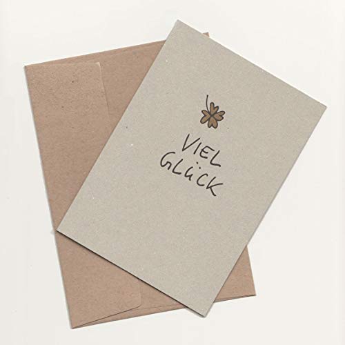 Kettcards 10 graue Glückwunschkarten: Viel Glück (goldenes, vierblättriges Kleeblat), Recycling-Karten mit braunen Recycling-Kuverts (Muskat Designrecycling DIN C6) von Kettcards