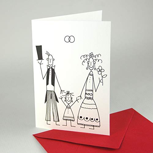 witzige Glückwunschkarte zur Hochzeit mit Kind/Traufe: Brautpaar mit Mädchen, Klappkarte auf hochwertigem geripptem Karton inkl. rotem Umschlag witzige Glückwunschkarte zur Hochzeit mit Kind/Traufe: Brautpaar mit Mädchen, Klappkarte auf hochwertigem geripptem Karton inkl. rotem Umschlag von Kettcards