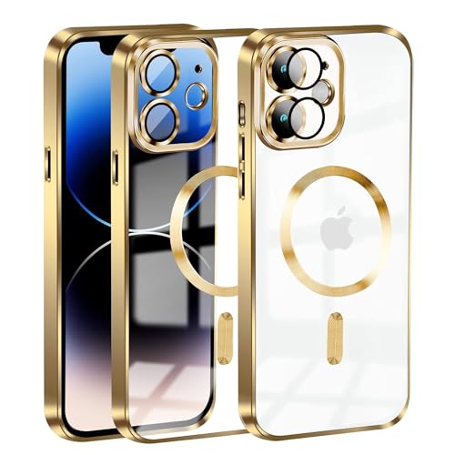 KetteTech Handyhülle für iPhone 12 Hülle Compatible with Magsafe Clear Magnetische [Kameraschutz Eingebaut][Werde Niemals Gelb] Stoßfest Schutzhülle Transparent für iPhone 12 Case, Gold von KetteTech