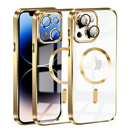 KetteTech Handyhülle für iPhone 14 Hülle Compatible with Magsafe Clear Magnetische [Kameraschutz Eingebaut][Werde Niemals Gelb] Stoßfest Schutzhülle Transparent für iPhone 14 Case, Gold von KetteTech