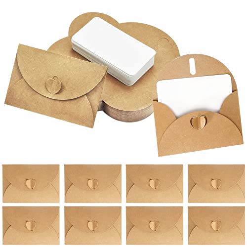 100 Kraftpapier Umschläge mit 100 Blanko Papier Karten, Mini Briefumschläge mit Herz Verschluss für Geschenkkarten DIY Graffiti von Kettion