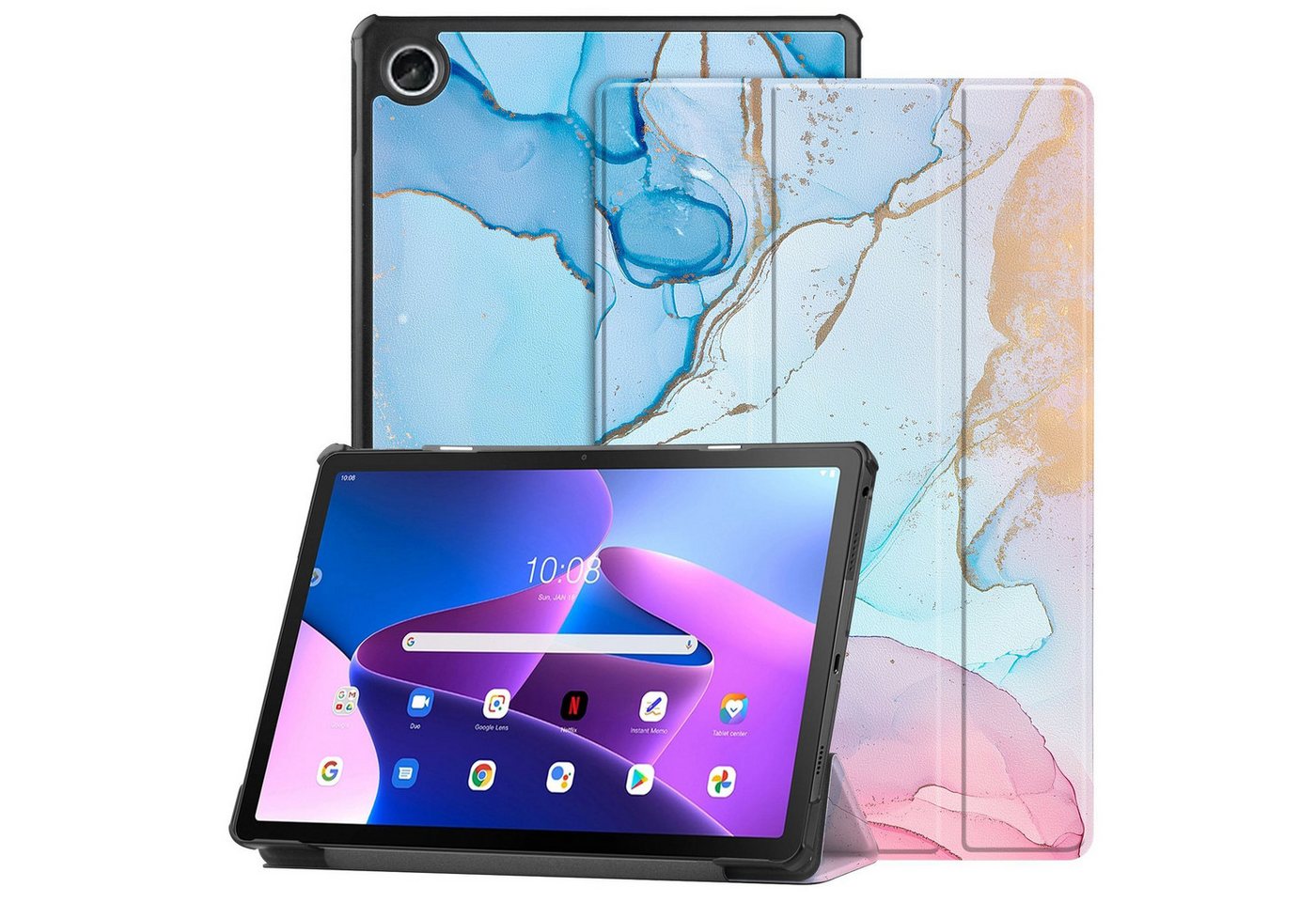 Kevin Frotscher (FroShop) Tablet-Hülle Schutzhülle für Lenovo Tab 10.1" 2025 TB-311FU / TB-311XU 4 Generation Hülle Case Cover Tasche Smart Cover, Magnetisch Wake Up & Sleep Funktion - Blau/Rosa Marmor von Kevin Frotscher (FroShop)