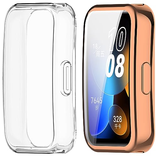 Keweni Schutzhülle Kompatibel mit Huawei Band 8,2 Stück Weiche TPU Displayschutzfolie Rundumschutz Bumper Schutzschale für Huawei Band 8 (Klar+Rose Gold) von Keweni