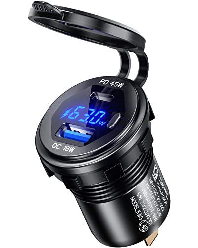 KEWIG USB Zigarettenanzünder Ladegerät, 63W QC3.0 + PD Typ C Kfz Ladegerät Dual Port Mini Flush Metall USB Autoladegerät Adapter, 60 W/5 A Schnellladung Auto Ladegerät Fit für Motorrad,Wohnwagen,Boot von Kewig