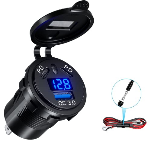 Kewig 12 V USB C Socket Car Ladegerät Dual 45 W PD Typ C & 18 W QC3.0 USB mit digitalem Voltmeter und Wechseln Sie Mobiltelefon Schnellladung wasserdicht für Autoboot Motorrad von Kewig