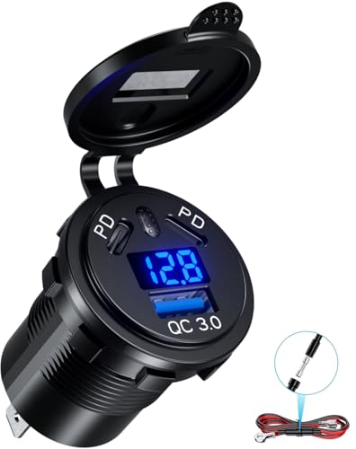 Kewig 12 V USB C Socket Car Ladegerät Dual 45 W PD Typ C & 18 W QC3.0 USB mit digitalem Voltmeter und Wechseln Sie Mobiltelefon Schnellladung wasserdicht für Autoboot Motorrad von Kewig