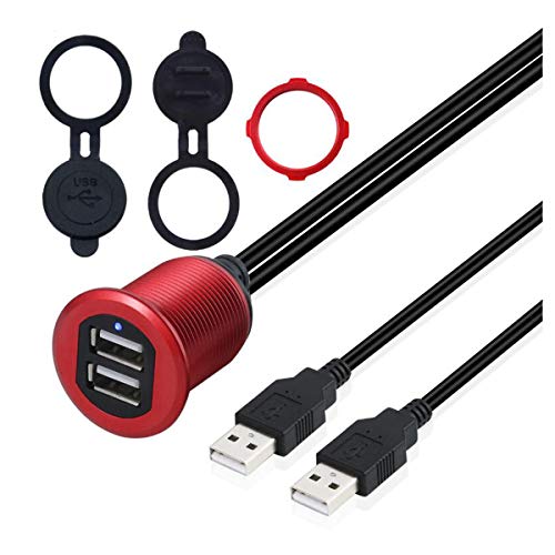 Kework Metall-Dual-USB-2.0-Port-Halterung mit Licht, 1 m, 2 USB-Ports auf 2 Buchsen, bündige Montage, Verlängerungskabel, AUX-Kabel für Auto, LKW, Boot, Motorrad, Armaturenbrett (rot und 1 m) von Kework