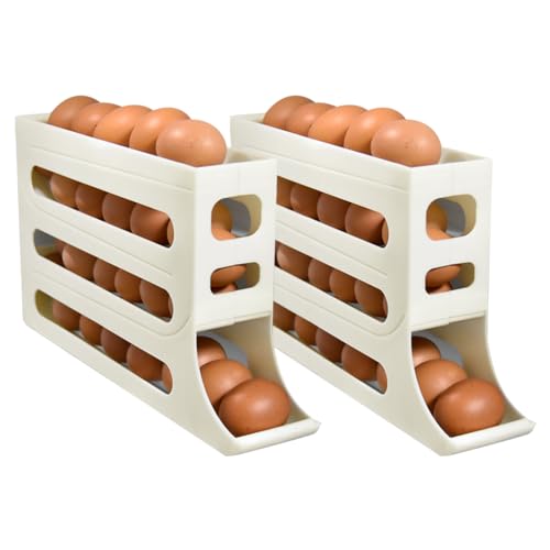 Kexpery 2-teiliges, automatisch scrollendes Eierregal, fasst bis zu 30 Eier, 4-stufiger, automatisch rollender Eierspender, Kühlschrank, Eieraufbewahrungsbox, Küchenzubehör (gelb) von Kexpery