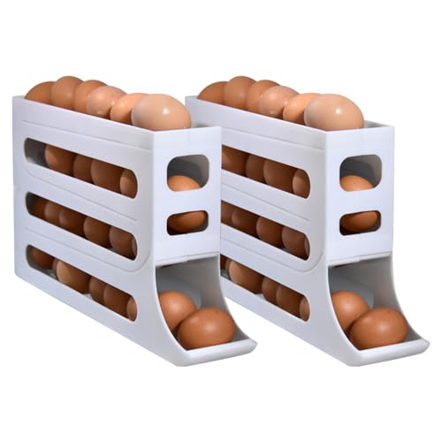 Kexpery 2-teiliges, automatisch scrollendes Eierregal für bis zu 30 Eier, 4-stufiger, automatisch rollender Eierspender, Küchen-Eier-Organizer für den Küchenkühlschrank (weiß) von Kexpery
