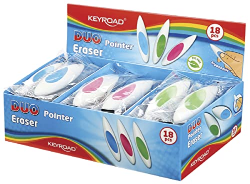 KEYROAD Radiergummi DUO-POINTER/Radierer für Bleistift und Buntstift/ 18 Stücke - verpackt im Display/Mischung aus Farben/Ideal für Schule und Büro von Keyroad