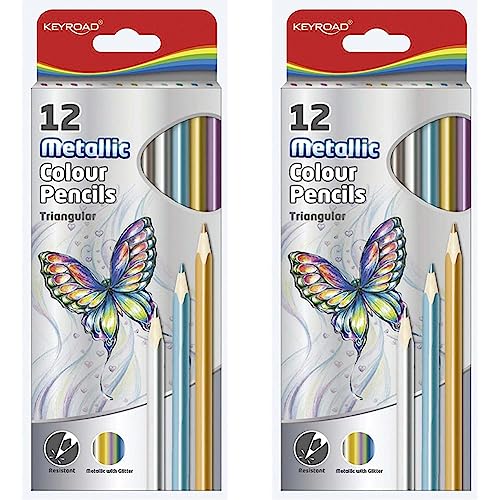 Keyroad,971756,Buntstifte AA8Metallic HoheQualität/Dreikantform - 12erKartonetui/Mischfarben/Erwachsene und Kinder/Weicher Graphit -Schaft aus Holz (Packung mit 2) von Keyroad