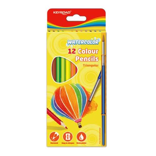 Keyroad Aquarellstifte Buntstifte mit Pinsel Dreieckige Hohe Qualität - 12er Pack/Mischfarben/Erwachsene und Kinder/Farbstifte Loch zum Aufhängen, KR971872 von Keyroad