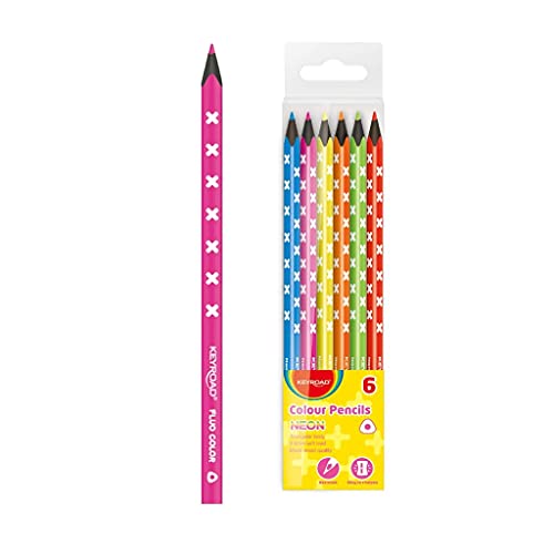 Keyroad Buntstifte Neon Dreikantform - 6 Stück/Mischfarben/Erwachsene und Kinder/Schwarzes Holz/Loch zum Aufhängen, KR971870 von Keyroad