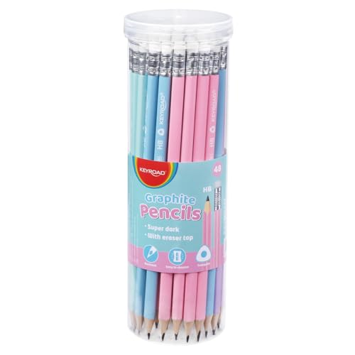 Keyroad Holzbleistift mit Radiergummi, HB, Dreieckig Bleistifte, Pastell, 48 Stück, Holzstift in Tube, Schulsachen von Keyroad