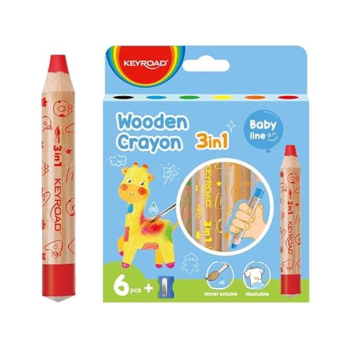 Keyroad JUMBO 3 in 1 Holz Wachskreiden/Aquarell- Wachsmalstifte Wasserlöslich-6 Stück plus ein Spitzer/Buntstifte für Kinder Junge Erwachsene/Kindersicher Ungiftig,KR972328,Mehrfarbig von Keyroad