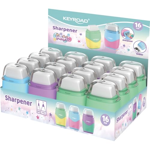 Keyroad Plastik Spitzer mit Radiergummi, Pastell Bleistiftspitzer, Doppelt Anspitzer, Farbmix von Keyroad