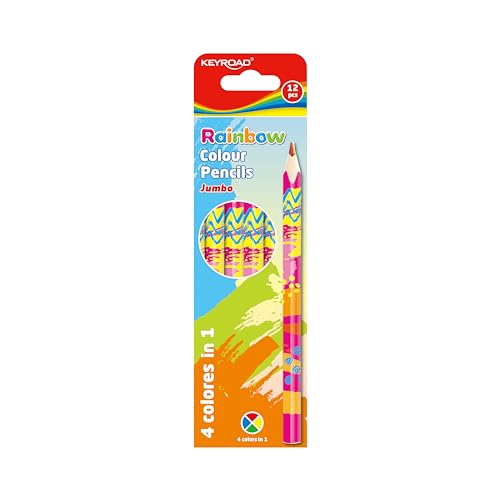 KeyRoad Regenbogen Buntstifte Sechskant - 12 Stück/Weicher Graphit/Mischfarben/Erwachsene und Kinder/Loch zum Aufhängen, KR971762 von Keyroad