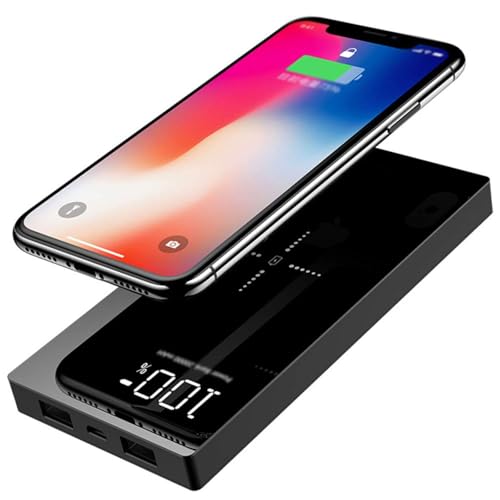 KhUkhu Kabelloses Tragbares Ladegerät, 20000 Mah Schnelllade-Powerbank-Akkupack Mit Dual-USB Und LED-Anzeige, Kompatibel Mit iPhone Und Allen Qi-Fähigen Geräten,Schwarz von KhUkhu