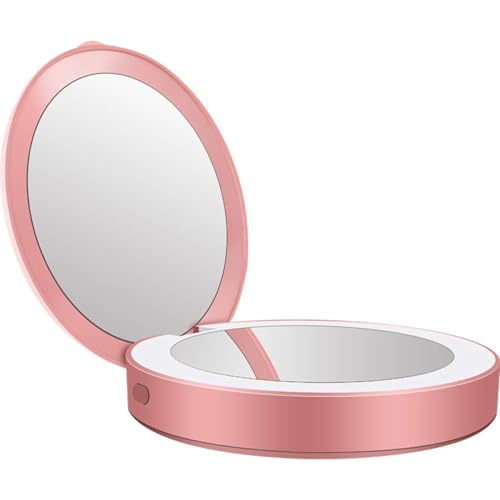 KhUkhu Tragbarer Schminkspiegel Mit Powerbank Und LED-Beleuchtung, Runder Mini-LED-Handspiegel Mit 1-Facher/3-Facher Vergrößerung, Wiederaufladbares Design, Geschenkpaket Für Frauen,Rosa von KhUkhu