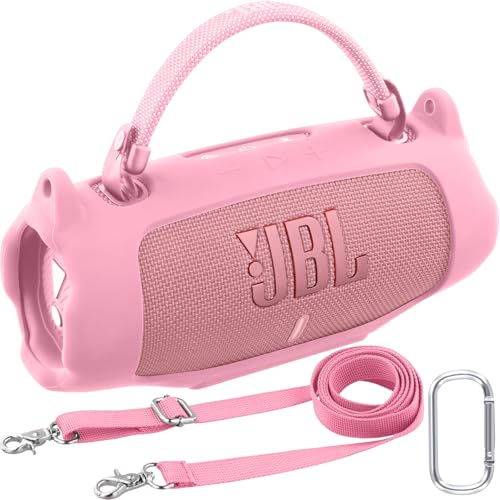 Khanka für JBL Charge 6 Silikon-Schutzhülle mit abnehmbarem Schultergurt & Utility-Haken, Flexible weiche Hülle für JBL Charge 6 tragbarer Bluetooth-Lautsprecher, nur Hülle (Rosa) von Khanka
