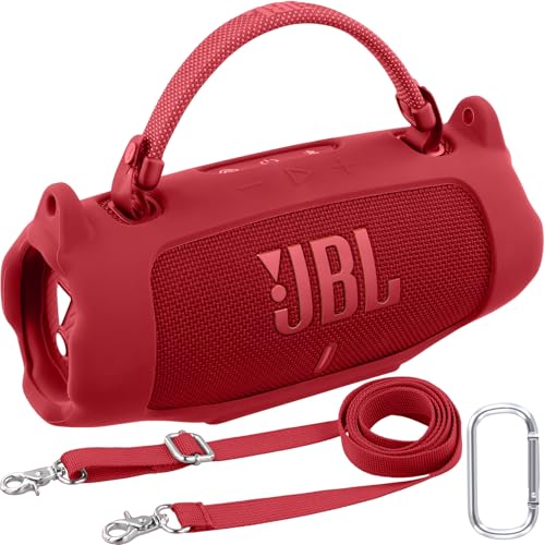 Khanka für JBL Charge 6 Silikon-Schutzhülle mit abnehmbarem Schultergurt & Utility-Haken, Flexible weiche Hülle für JBL Charge 6 tragbarer Bluetooth-Lautsprecher, nur Hülle (Rot) von Khanka