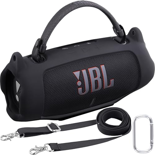 Khanka für JBL Charge 6 Silikon-Schutzhülle mit abnehmbarem Schultergurt & Utility-Haken, Flexible weiche Hülle für JBL Charge 6 tragbarer Bluetooth-Lautsprecher, nur Hülle (Schwarz) von Khanka