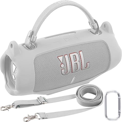 Khanka für JBL Charge 6 Silikon-Schutzhülle mit abnehmbarem Schultergurt & Utility-Haken, Flexible weiche Hülle für JBL Charge 6 tragbarer Bluetooth-Lautsprecher, nur Hülle (Weiß) von Khanka