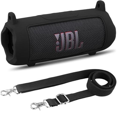 Khanka für JBL Flip 7 Silikon-Schutzhülle mit abnehmbarem Schultergurt, stoßfeste weiche Hülle für JBL Flip 7 tragbarer Bluetooth-Lautsprecher, nur Hülle (Schwarz) von Khanka