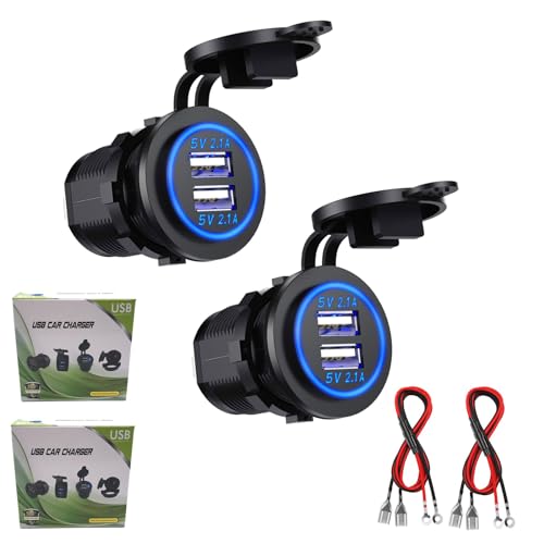 Auto USB Steckdose, 2 Stück Kfz Ladegerät Buchse 12V/24V Wasserdicht Dual USB Kfz Ladebuchse mit 23,6-Zoll-Kabel Doppelte Ladeanschlüsse für 12-V-Auto-Wohnmobil-Boot-Wohnmobil-Motorrad-Mobil von Kibon