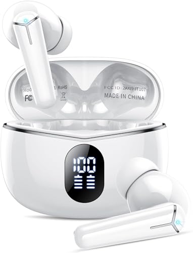 Bluetooth Kopfhörer, Kopfhörer Kabellos Bluetooth 5.3 mit 4 HD Mic, 2024 Neue In Ear Kopfhörer ENC Noise Cancelling Earbuds, 36 Std Immersiver Deep Bass, LED Anzeige, IP7 Wasserdicht Ohrhörer, Weiß von Kicoeon