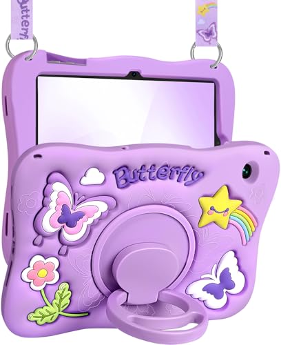 Kidcube Schutzhülle für Samsung Galaxy Tab A9 Plus, 27,9 cm (11 Zoll) – für Mädchen, niedliches Kawaii-Mädchen, 3D-Schmetterlings-Design, Hülle mit drehbarem Ständer und Riemen, einzigartiges Silikon von Kidcube