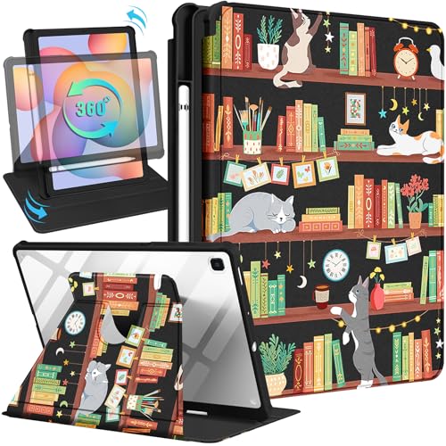Kidcube Schutzhülle für Samsung Galaxy Tab S6 Lite, 26,7 cm (10,4 Zoll), 2022/2020, für Damen, Mädchen, Kinder, Folio-Hülle mit Stifthalter, niedliches Cartoon-Katzen-Design, Kawaii-Design, drehbarer von Kidcube