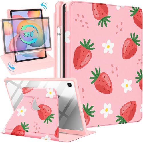 Kidcube Schutzhülle für Samsung Galaxy Tab S6 Lite, 26,7 cm (10,4 Zoll), 2022/2020, für Damen, Mädchen, Kinder, niedliches Folio-Cover mit Stifthalter, Mädchen, Erdbeere, hübsches Design, drehbarer von Kidcube