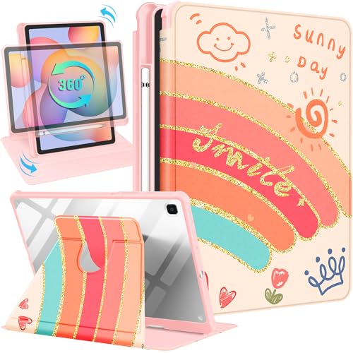 Kidcube Schutzhülle für Samsung Galaxy Tab S6 Lite 10,4 Zoll 2022/2020 für Frauen und Mädchen, niedliches Folio-Cover mit Stifthalter, Regenbogenfarben, Kawaii, Mädchen, drehbarer Ständer, von Kidcube