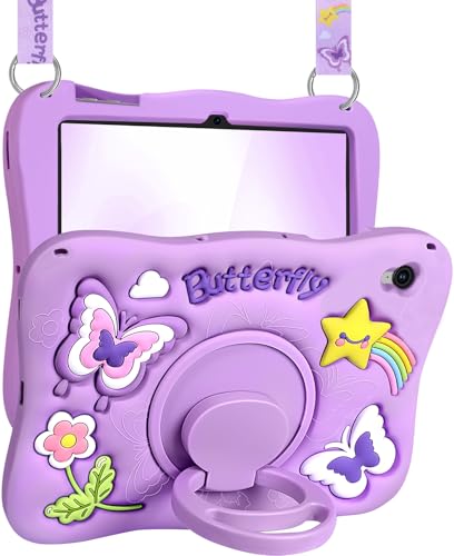 Kidcube Schutzhülle für Samsung Galaxy Tab S9 FE 5G 10,9 Zoll (27,7 cm) – für Mädchen, niedliches Kawaii-Mädchen, 3D-Schmetterlings-Design, Hülle mit drehbarem Ständer und Riemen, einzigartiges von Kidcube