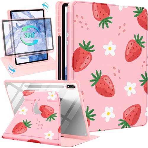 Kidcube Schutzhülle für Samsung Galaxy Tab S9 Plus, 32,4 cm (12,4 Zoll), für Damen und Mädchen, Kinder, niedliches Folio-Cover mit Stifthalter, mädchenhaftes Erdbeer-Design, drehbarer Ständer, von Kidcube