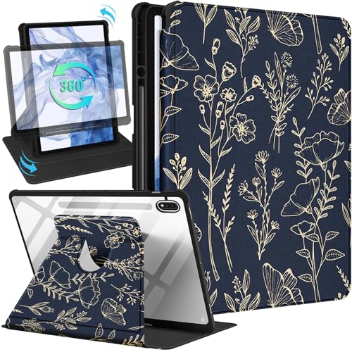 Kidcube Schutzhülle für Samsung Galaxy Tab S9 Plus/S9 FE Plus, 32,4 cm (12,4 Zoll), niedliches Folio-Cover mit Stifthalter, goldfarbene Blumen, mädchenhaftes Design, drehbarer Ständer, Teenager, von Kidcube