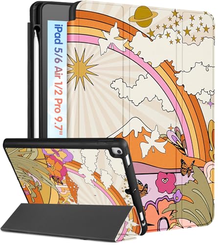 Kidcube Schutzhülle für iPad 5. / 6. Generation, iPad Air 1. / 2. Generation, iPad Pro 9,7 Zoll (24,6 cm), niedliches Folio-Cover mit Stifthalter, Mädchen, Regenbogen-Sonnenstern, hübscher Ständer, von Kidcube