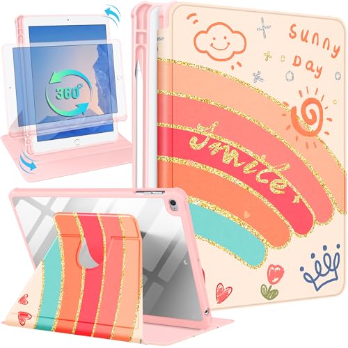 Kidcube Schutzhülle für iPad 5. / 6. Generation, iPad Air 1. / 2. Generation, iPad Pro 9,7 Zoll (24,6 cm), niedliches Folio-Cover mit Stifthalter, Regenbogenfarben, Kawaii, drehbarer Ständer, Hüllen von Kidcube